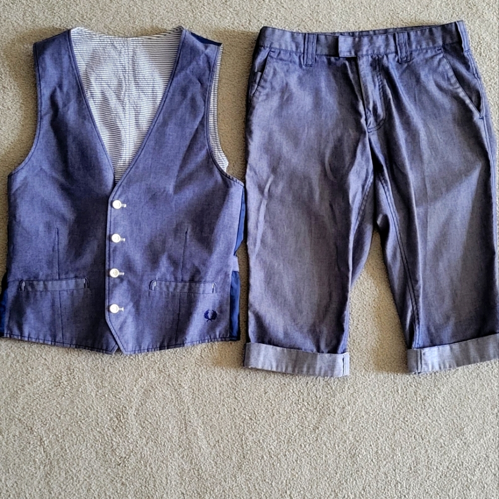 Fred Perry Vest and Crop Pant Set, Sample Size Medium, Dark Wash Blue